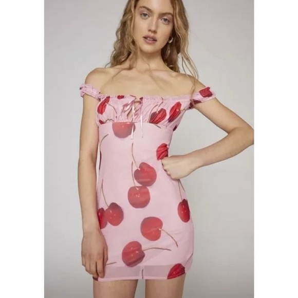 UO Kimchi Blue Cherry Bianca Mesh Mini Dress Pink Red Size Small Valentine’s Day - Picture 1 of 9